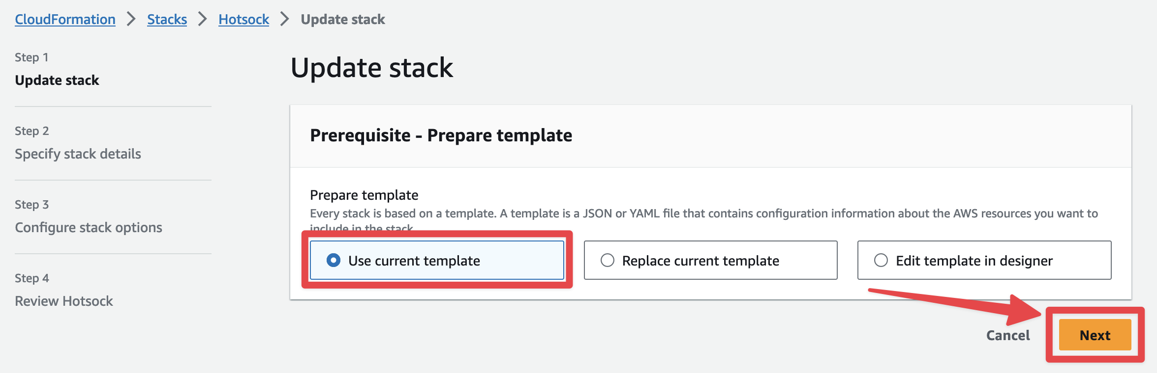 Step 1 - Use current template option