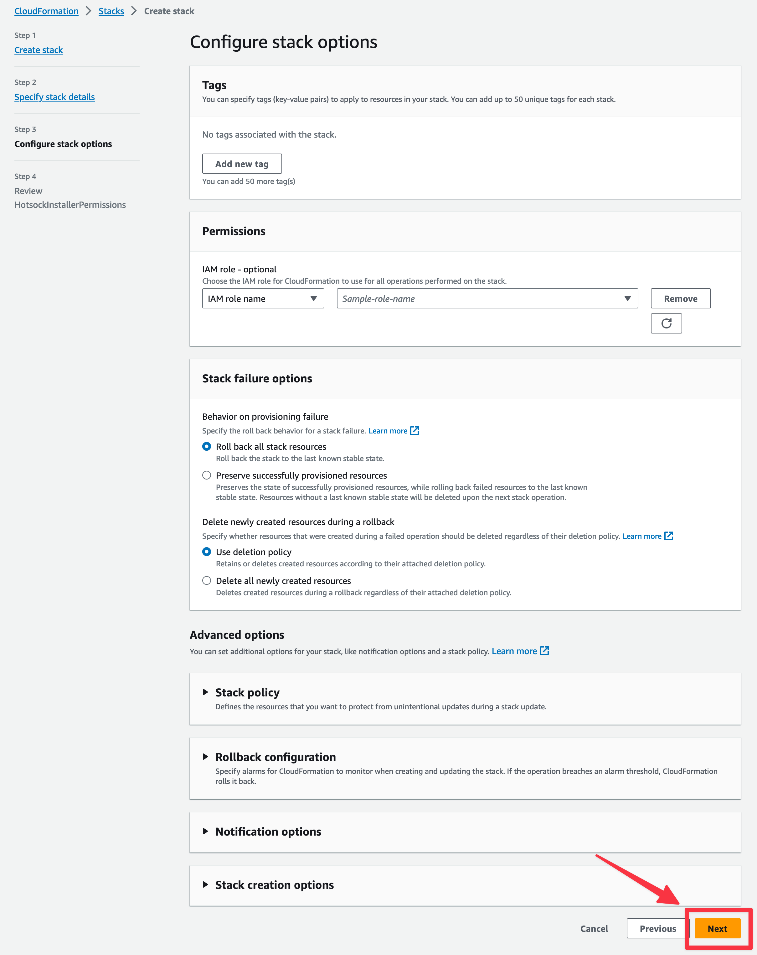 Create installer permissions stack screen step 3