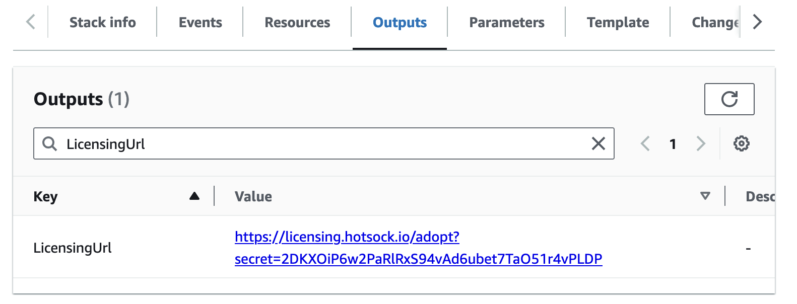 LicensingUrl in CloudFormation stack outputs