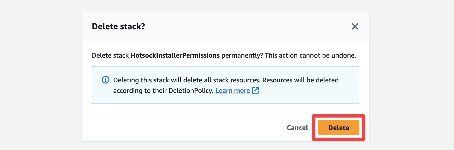 Delete installer permissions stack confirmation