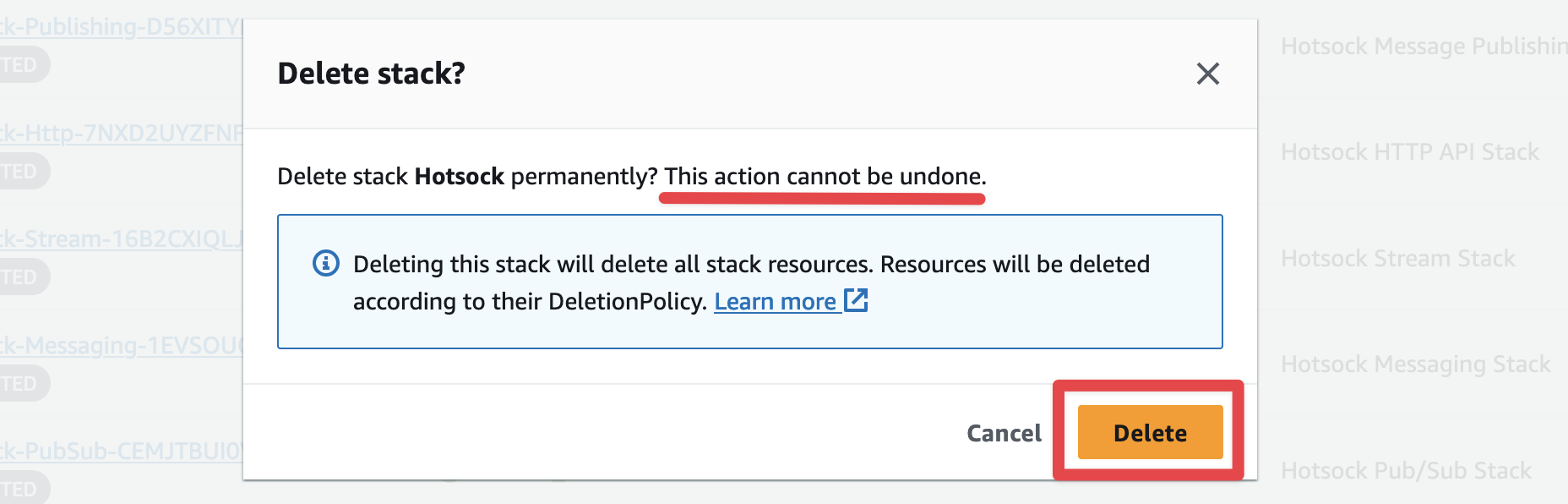 Delete main stack confirmation